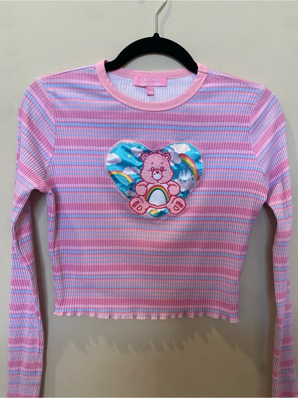 Doll’s Kill x Care Bears Pink & Blue Pastel Striped Long-Sleeve Baby Tee Y2K - Picture 2 of 6